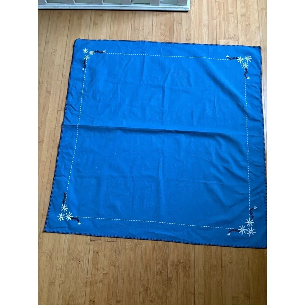 Vintage Hand Embroidered Daisy Tablecloth Blue Floral Table Cover 32.5x33